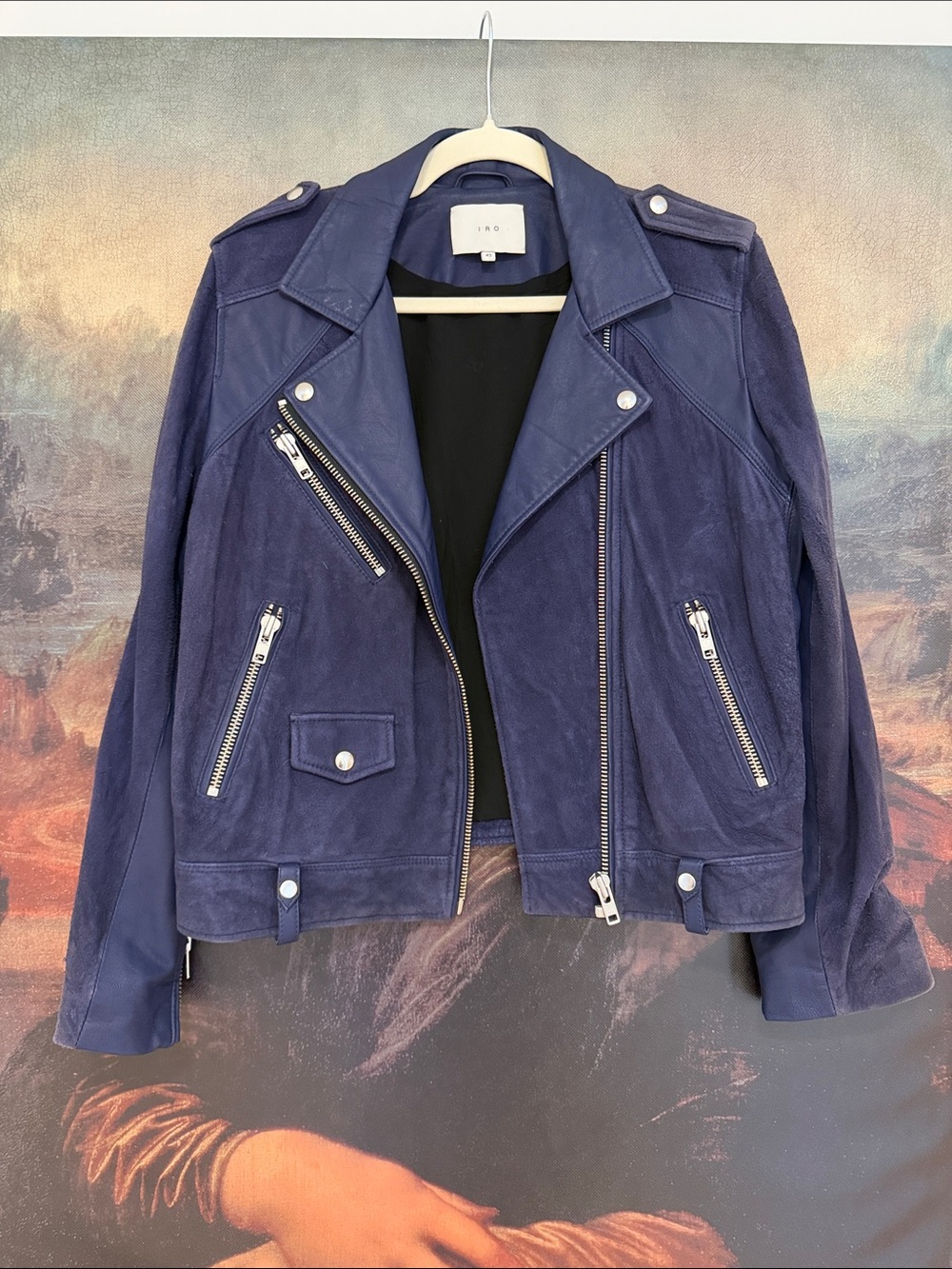 IRO Adila Distressed Suede Leather Moto Jacket Navy 42